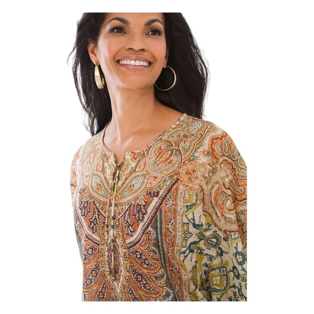 Chicos ladies bohemian flutter sleeve keyhole tie neck paisley tunic top Small